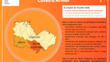 Sud du d&eacute;partement 22 plac&eacute; en Alerte et Alerte renforc&eacute;e et d&eacute;partement 29 plac&eacute;s en situation d'Alerte s&eacute;cheresse Eau